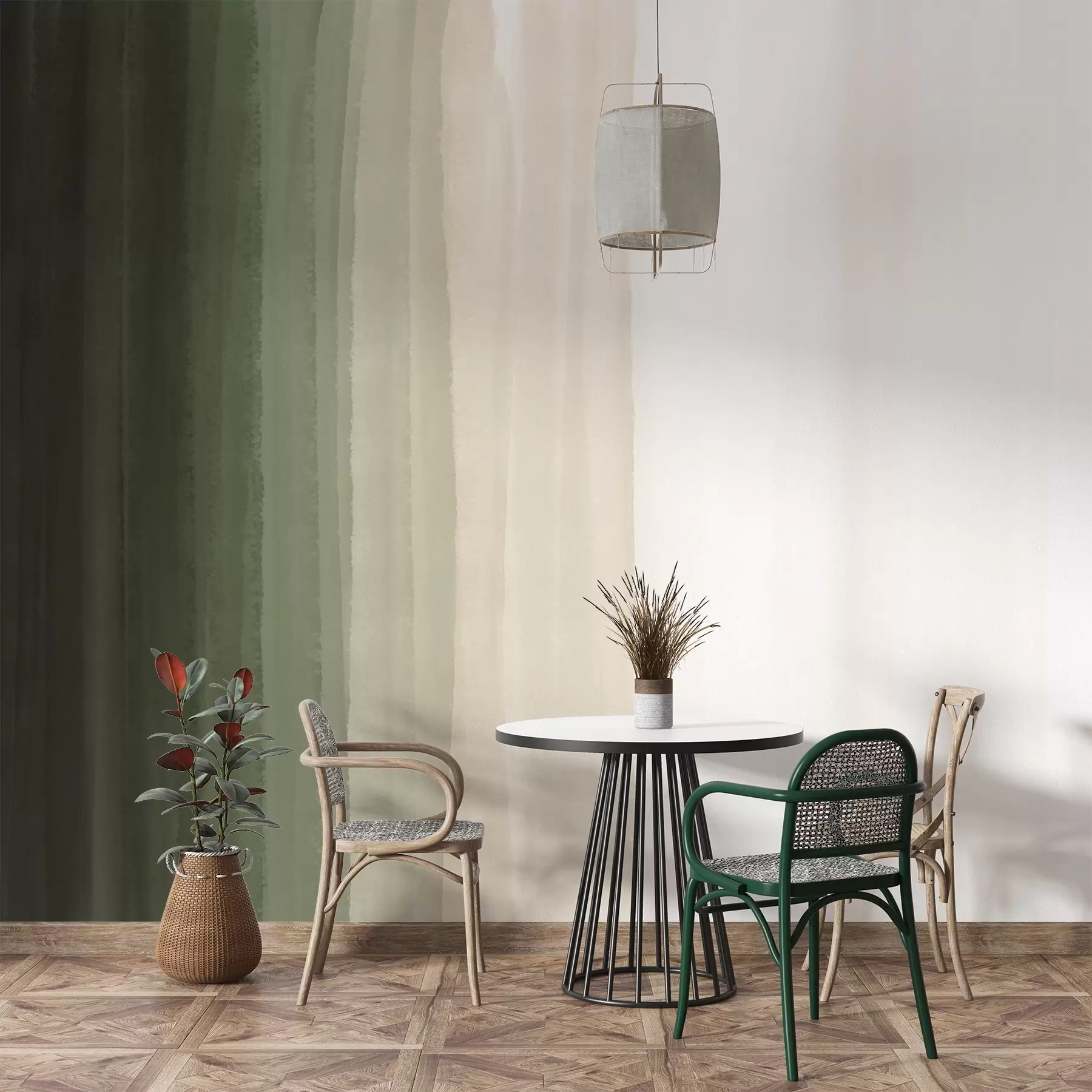 Fototapet Abstraktní minimalistický gradientní potisk se svislými pruhy tmavě zelené, béžové a bílé barvy  w08915