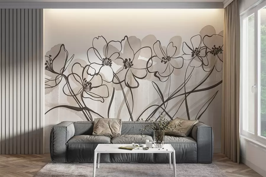 Fototapet Minimalistické line-art květiny s béžovými a hnědými okvětními lístky, dlouhé stonky, světle béžové pozadí w08918