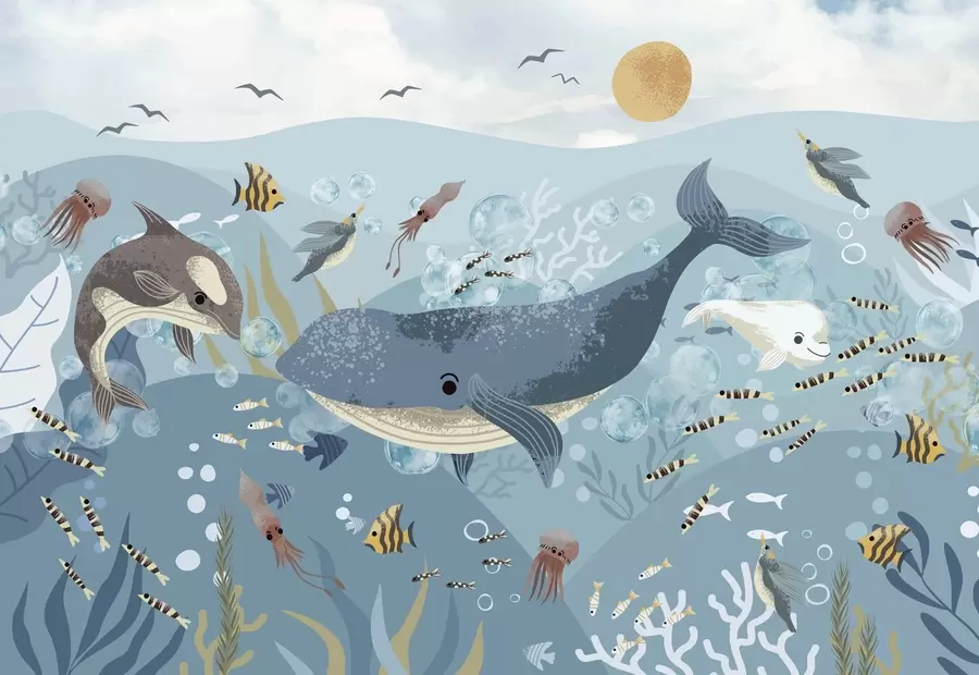 Fototapet Dětské ilustrace s modrou velrybou obklopenou rybami, chobotnicemi a medúzami v modrém oceánu s bublinami w08921