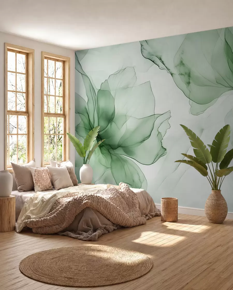 Fototapet Fluidní styl květiny, květinová abstrakce, akvarel, zelená paleta barev  w03406