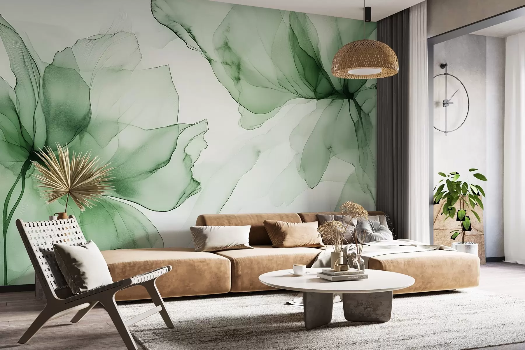 Fototapet Fluidní styl květiny, květinová abstrakce, akvarel, zelená paleta barev  w03406