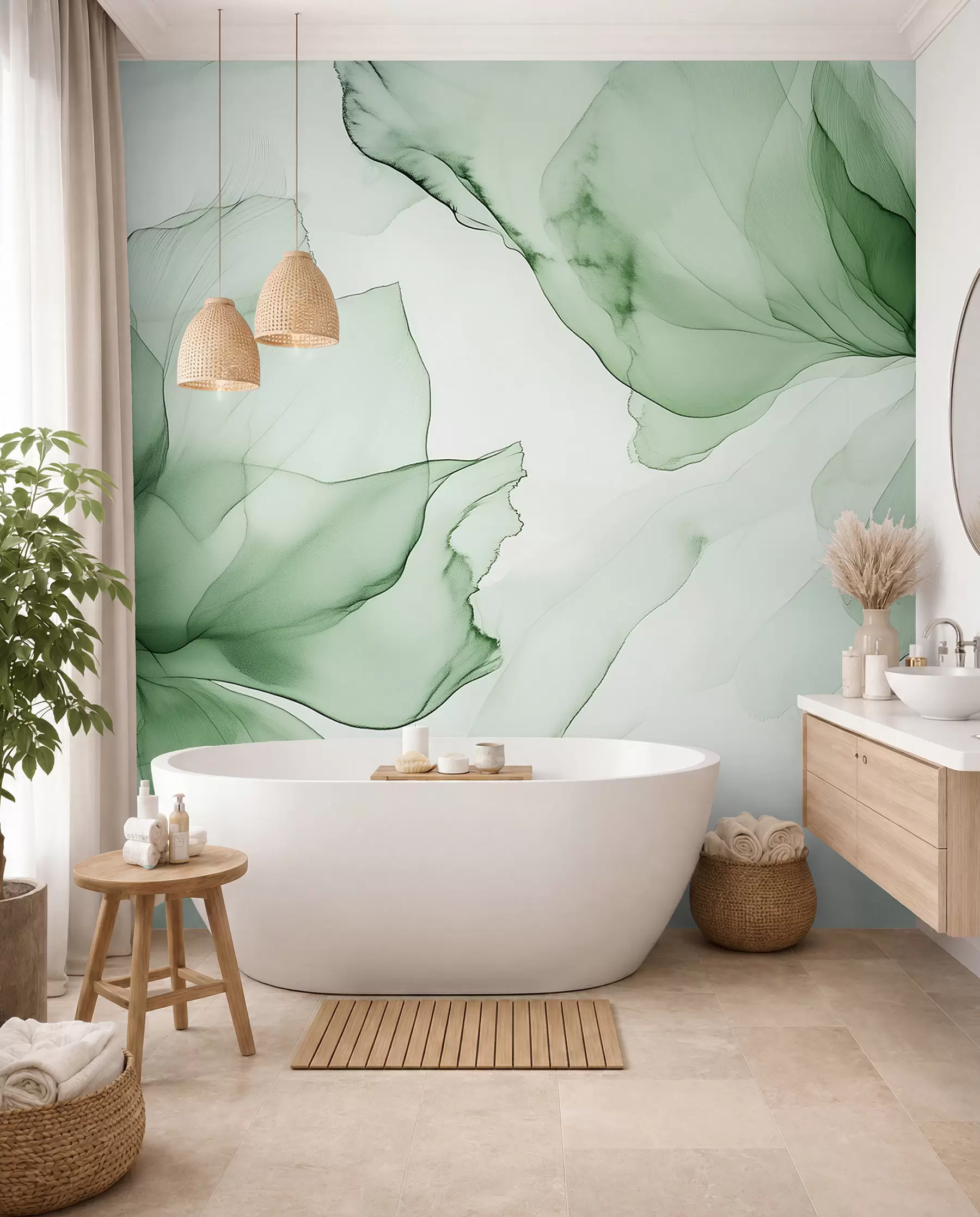 Fototapet Fluidní styl květiny, květinová abstrakce, akvarel, zelená paleta barev  w03406