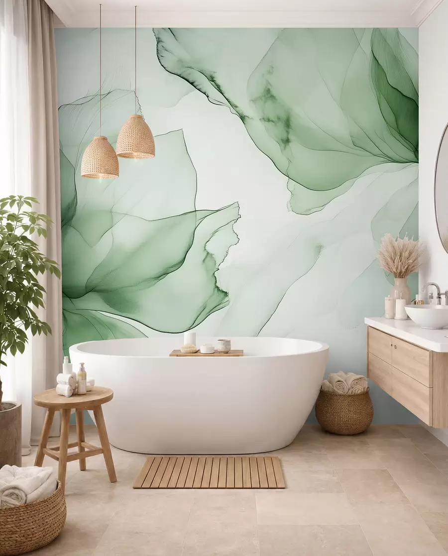 Fototapet Fluidní styl květiny, květinová abstrakce, akvarel, zelená paleta barev  w03406