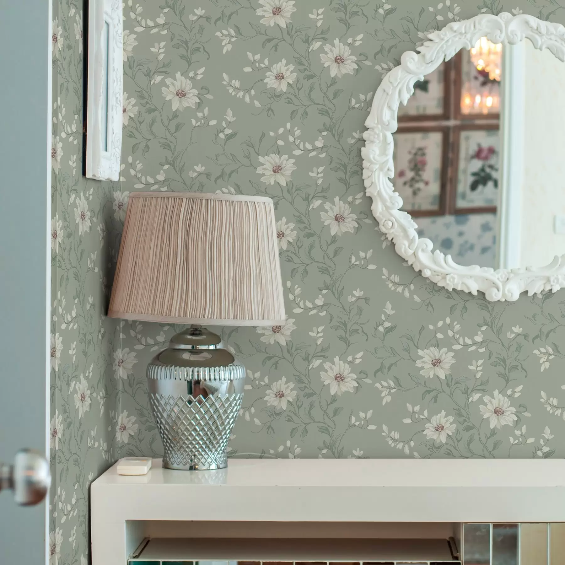 Fototapet Bílé květy s kroutícími se listy a00001