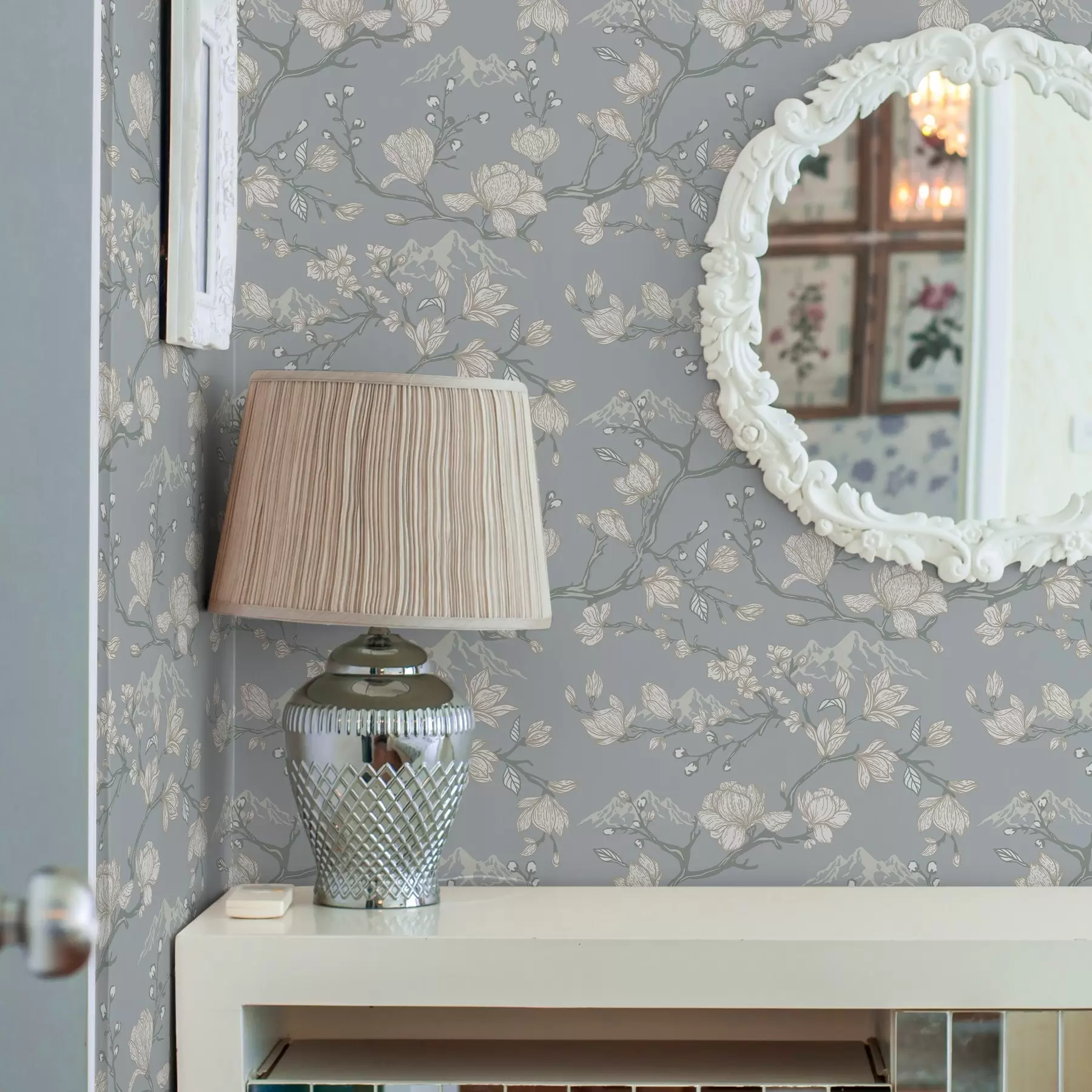 Fototapet Bílé květy na větvích a hory na modrém pozadí a00021