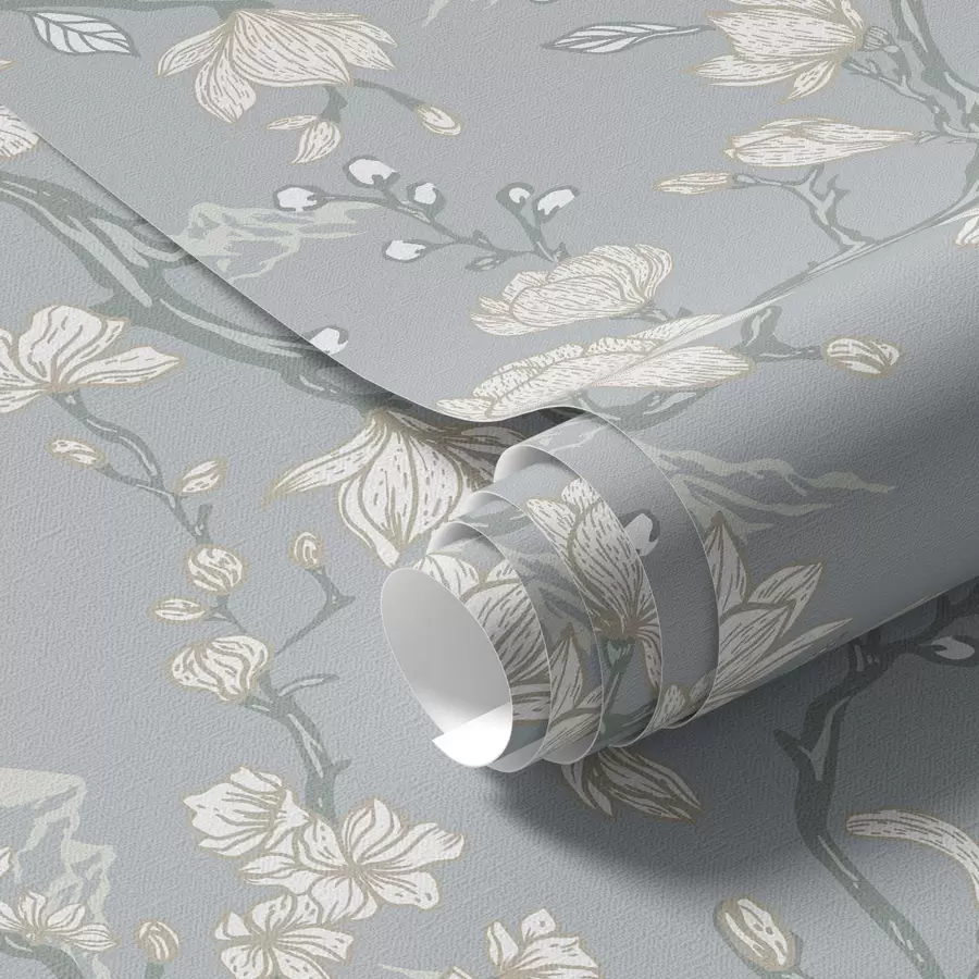 Fototapet Bílé květy na větvích a hory na modrém pozadí a00021