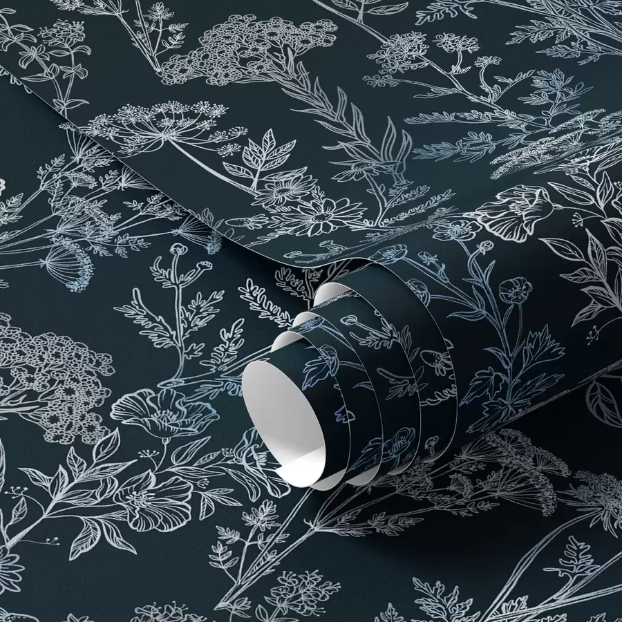 Fototapet Bílé a modré rostliny na tmavém pozadí a00029