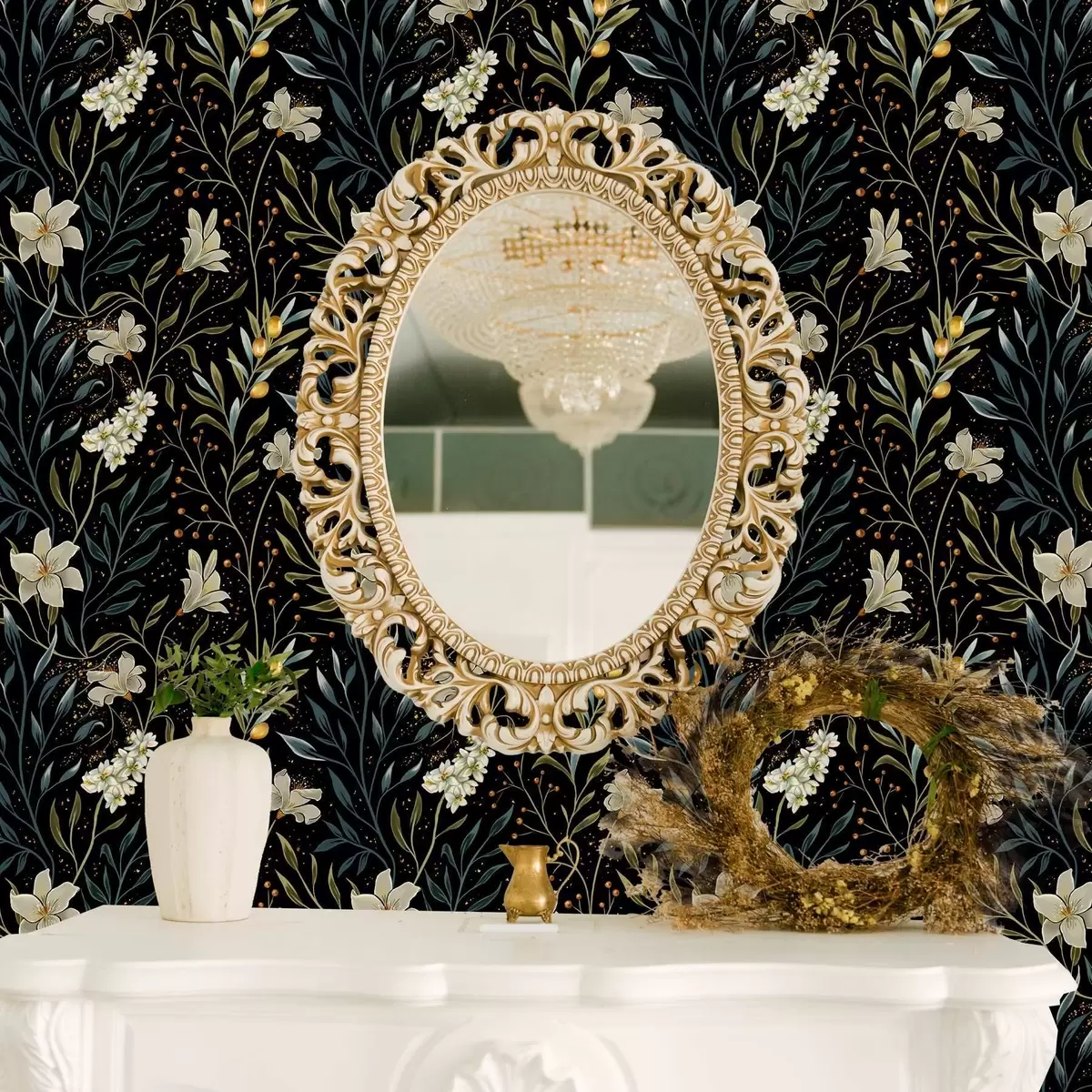 Tapety Kompozice světlých květů a tmavých listů na tmavém pozadí a00053