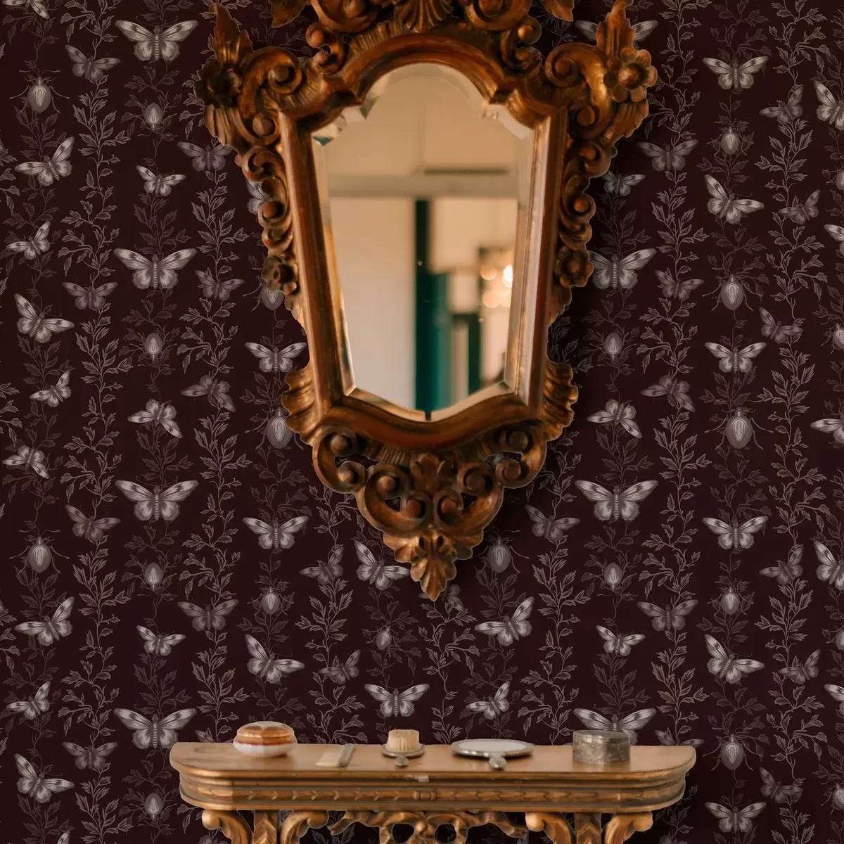 Tapety Kompozice s motýly, listy a hmyzem na tmavém pozadí a00073v1