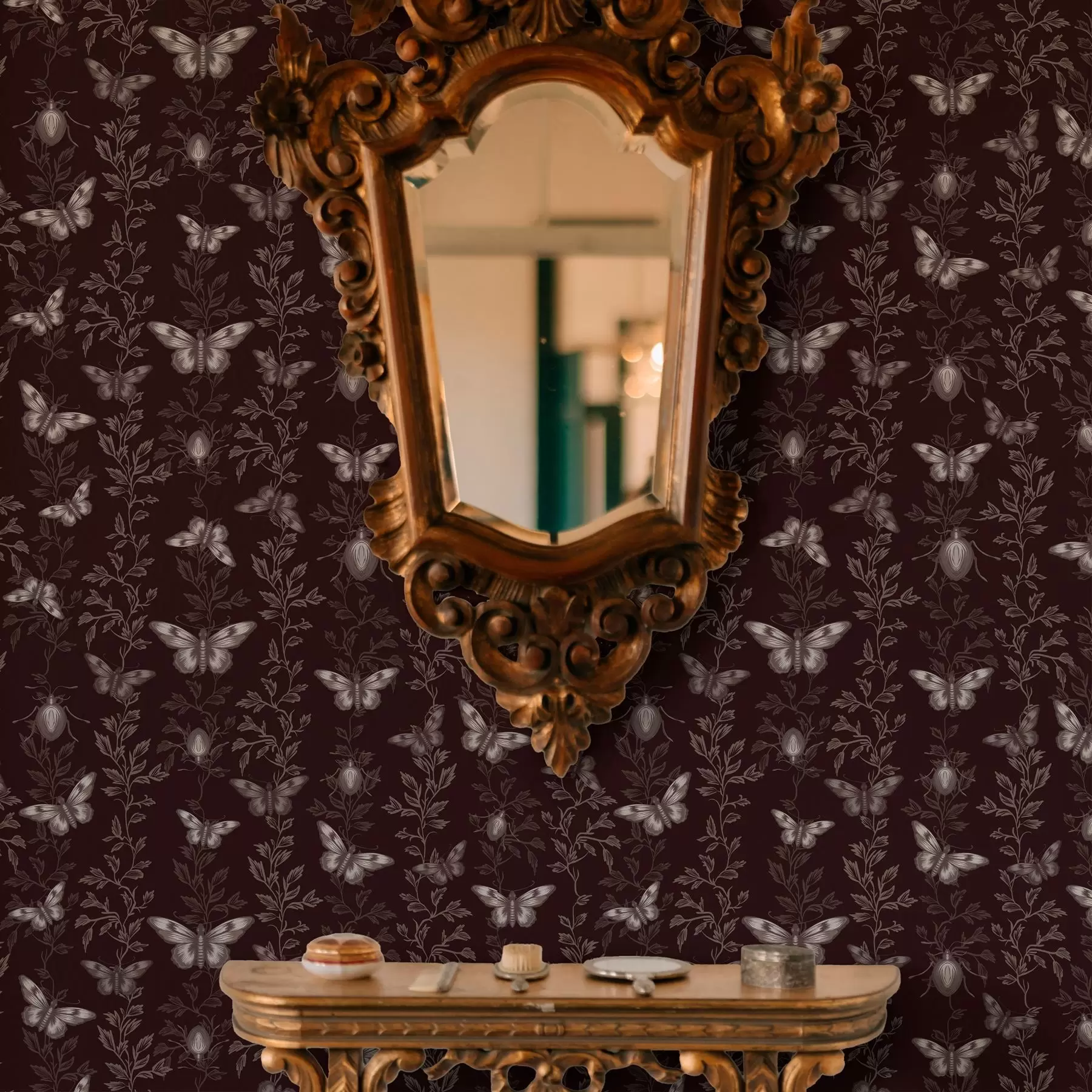 Fototapet Kompozice s motýly, listy a hmyzem na tmavém pozadí a00073v1