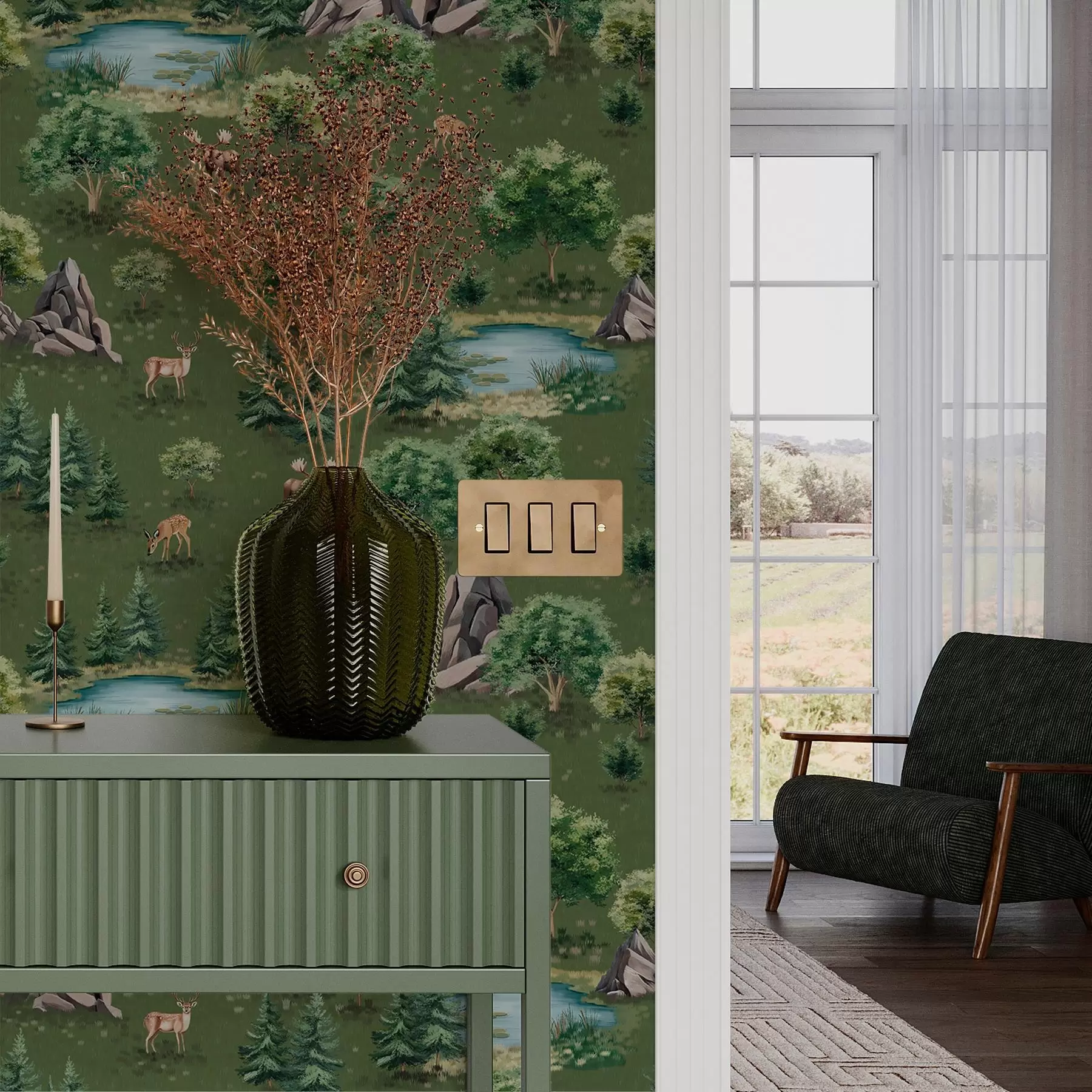 Fototapet Jelen u jezera se stromy a kameny a00086