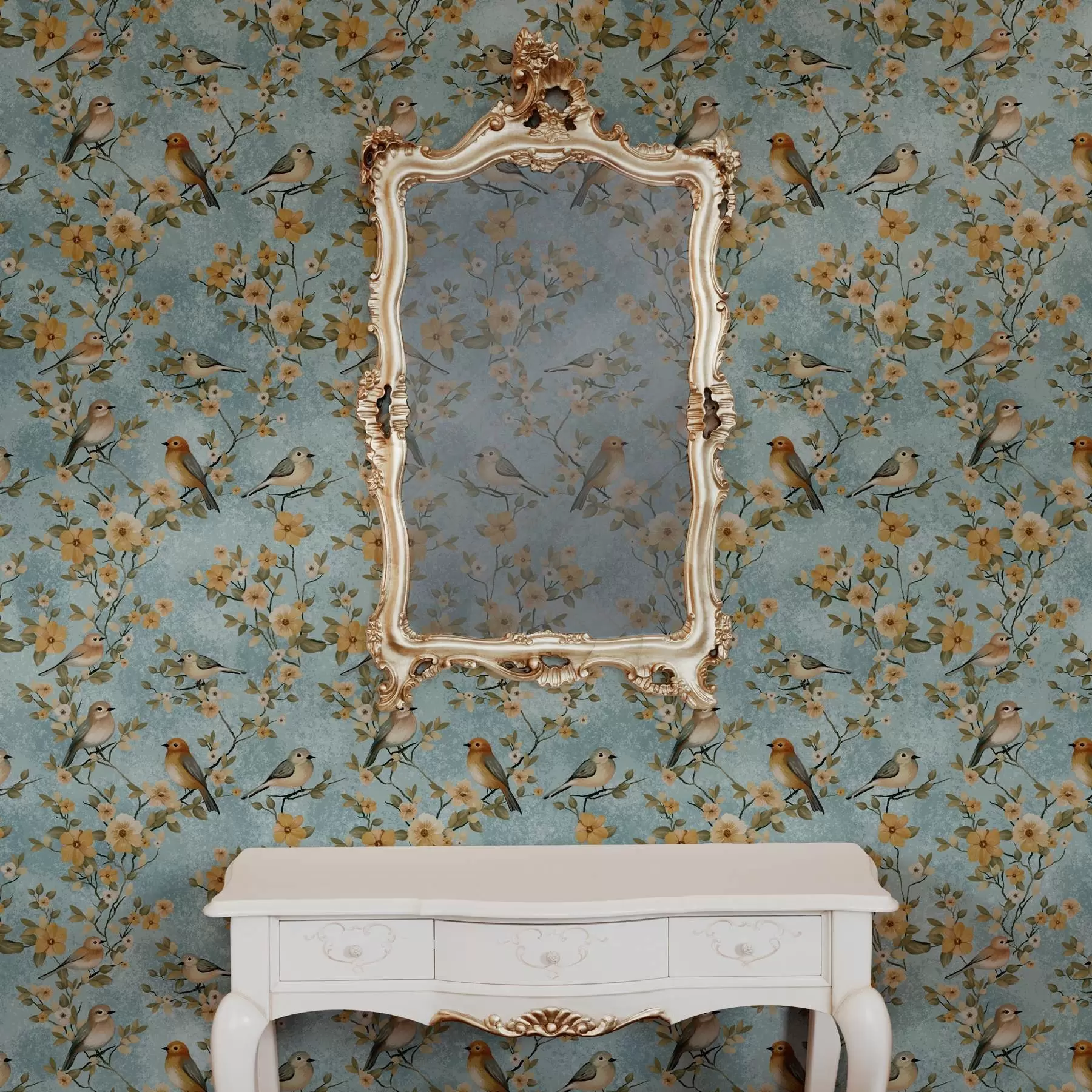 Fototapet Malí ptáci na větvích na modrém pozadí a00092