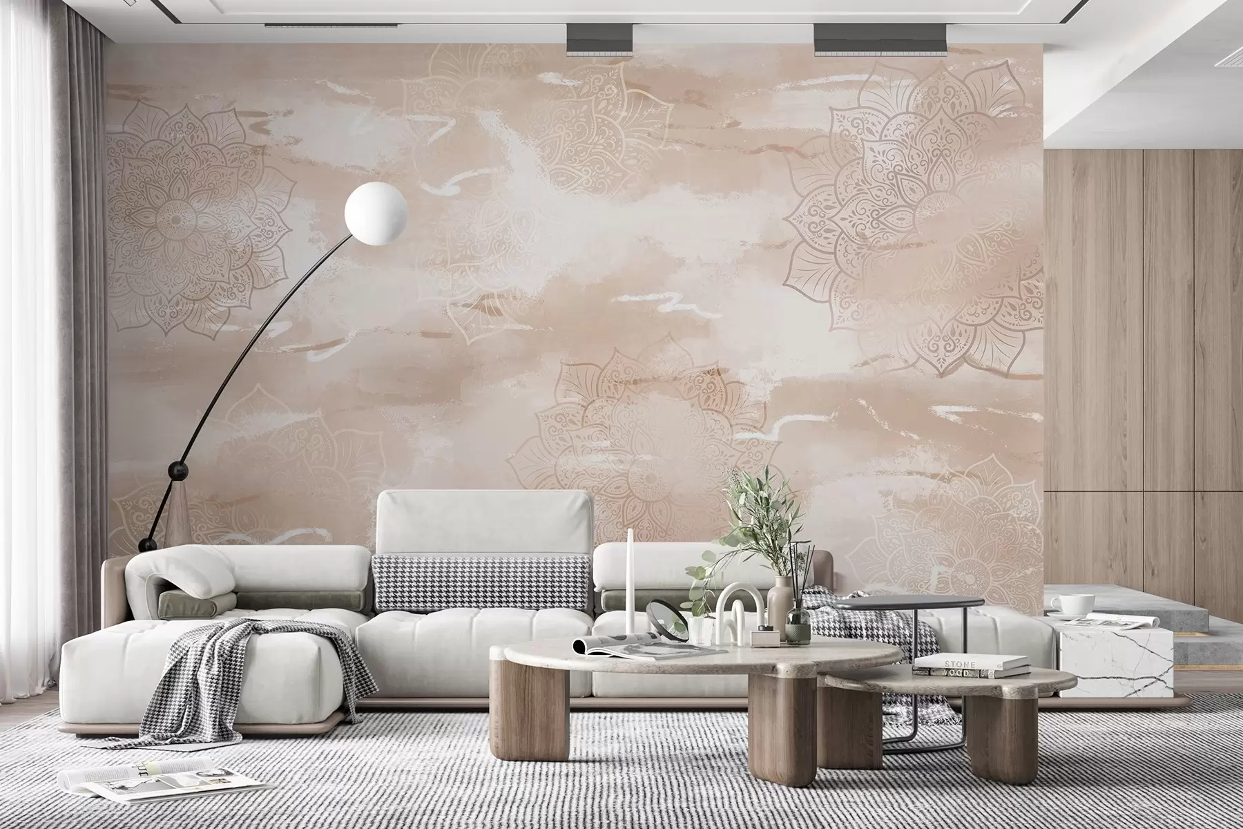 Fototapet Mandaly na pastelovém pozadí, živé tahy štětcem, béžové barvy w03409