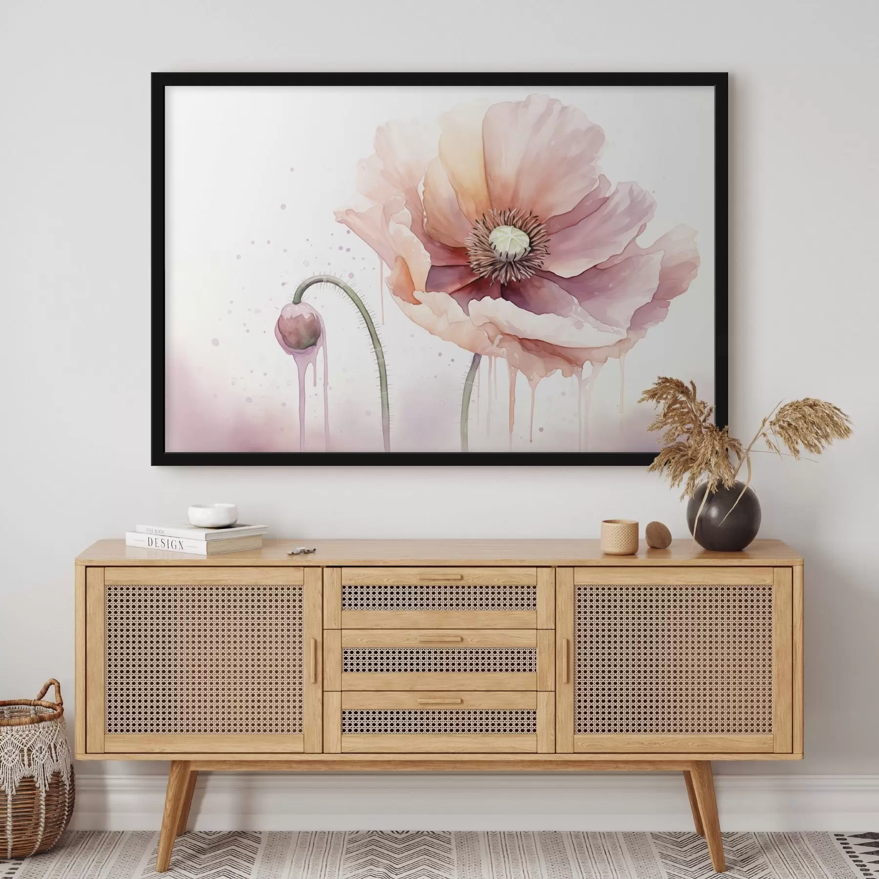 Fototapet Růžový květ máku s poupětem na bílém pozadí, imitace akvarelové malby s kapkami, jemné barvy f43402