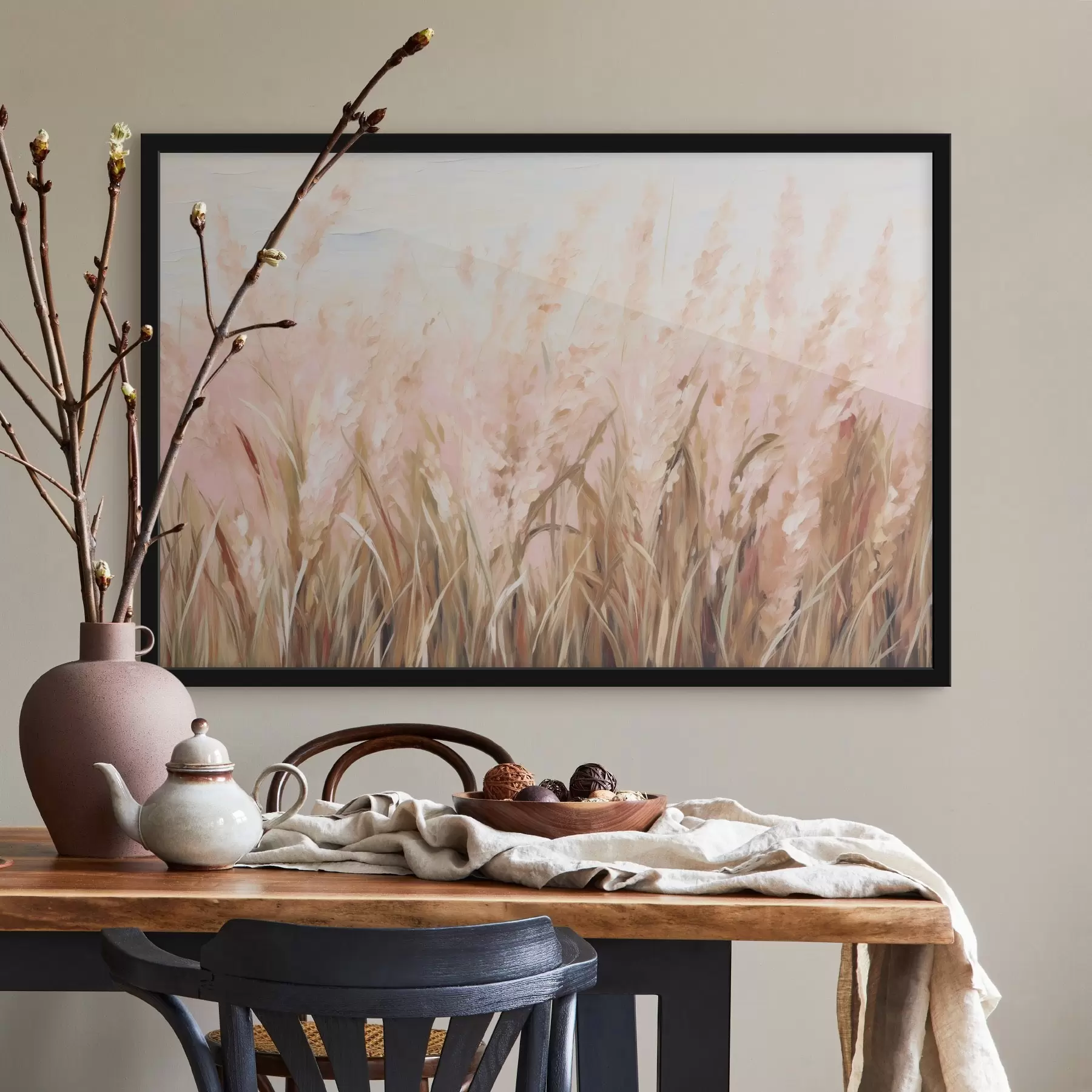 Obraz Pampová tráva pole s růžovými a hnědými tóny, měkké tahy štětcem, abstraktní olejomalba umění imitace Č. f43403
