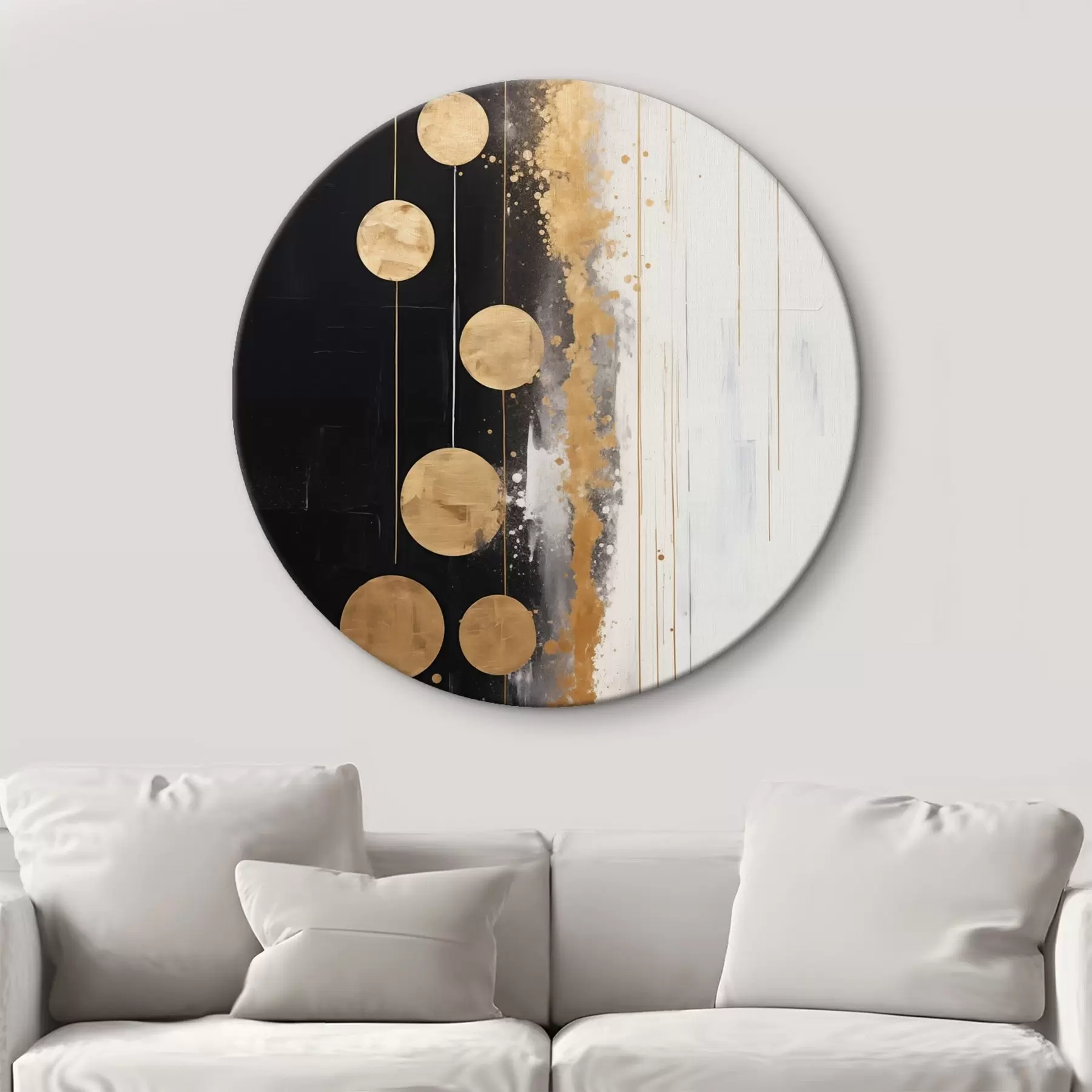 Obraz Abstraktní umění se žlutými kruhy visícími na černobílém pozadí s bílými a žlutými skvrnami Č. r43410