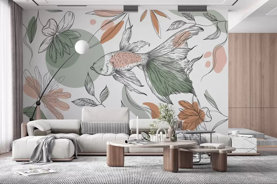 Fototapet Čárová kresba ryby s květinami, minimalismus, mořské, květinové, přírodní barvy w03448