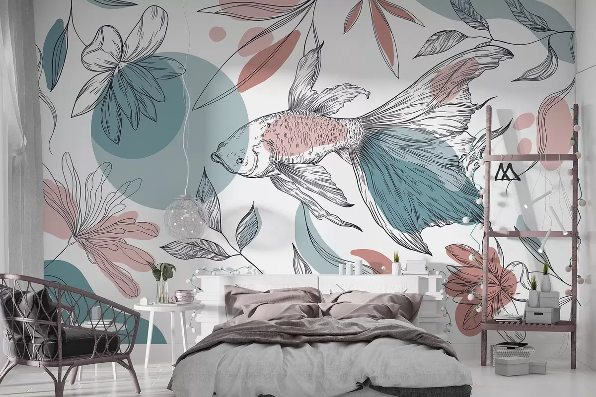 Fototapet Čárová kresba ryby s květinami, minimalismus, mořská, květinová, modrá a růžová  w03448v1