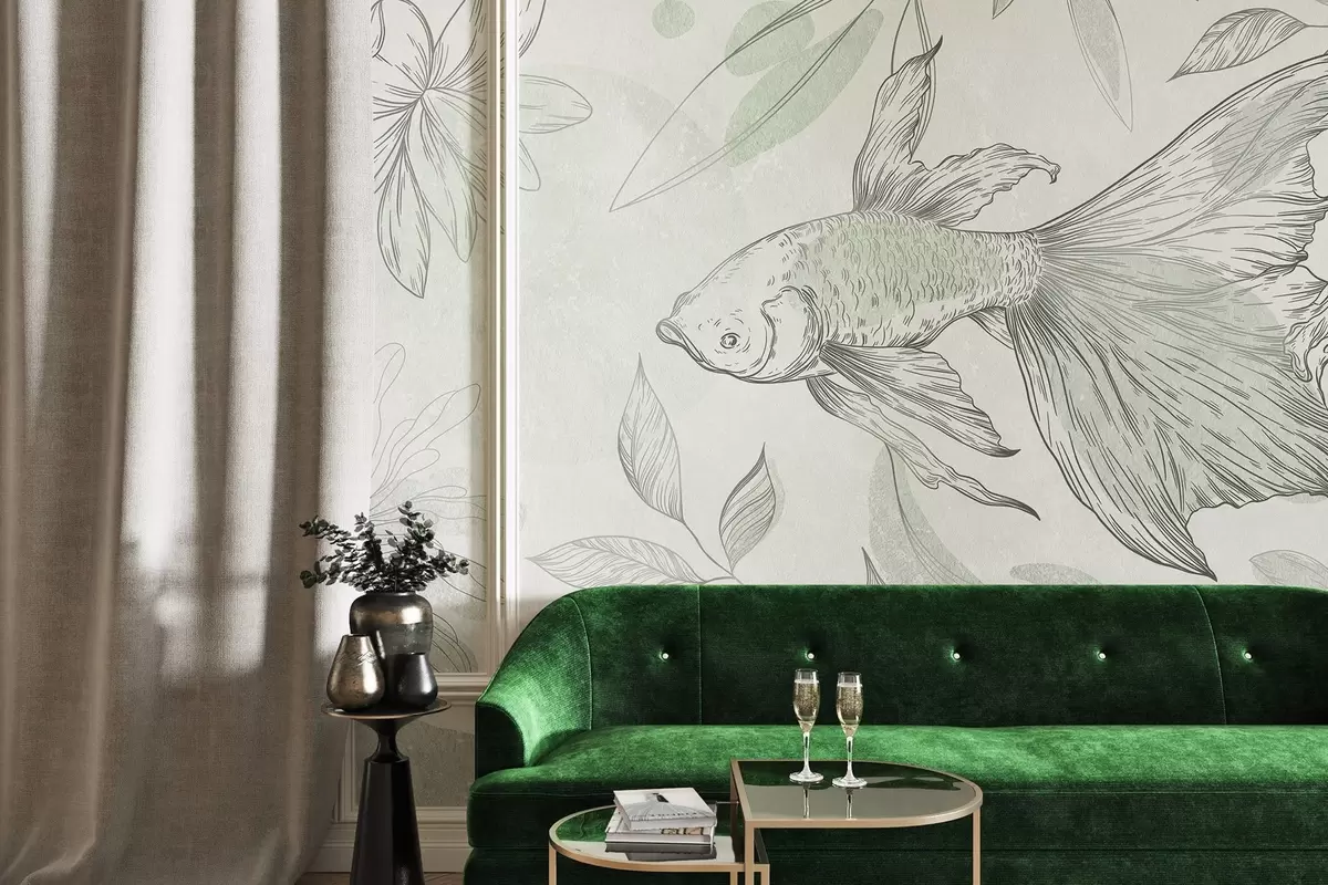 Fototapet Ryba s květinovými prvky, zelené pozadí, liniová kresba w03517v1
