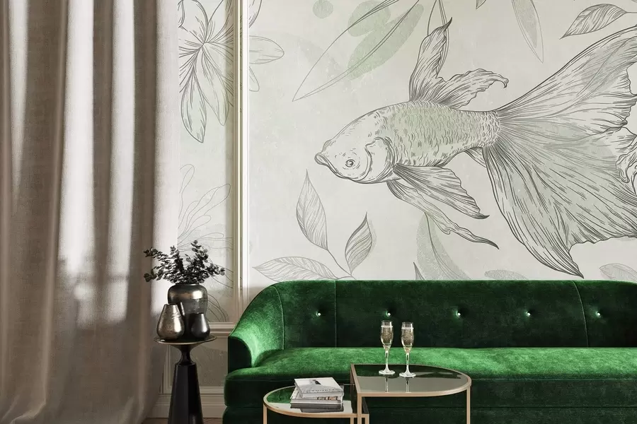 Fototapet Ryba s květinovými prvky, zelené pozadí, liniová kresba w03517v1