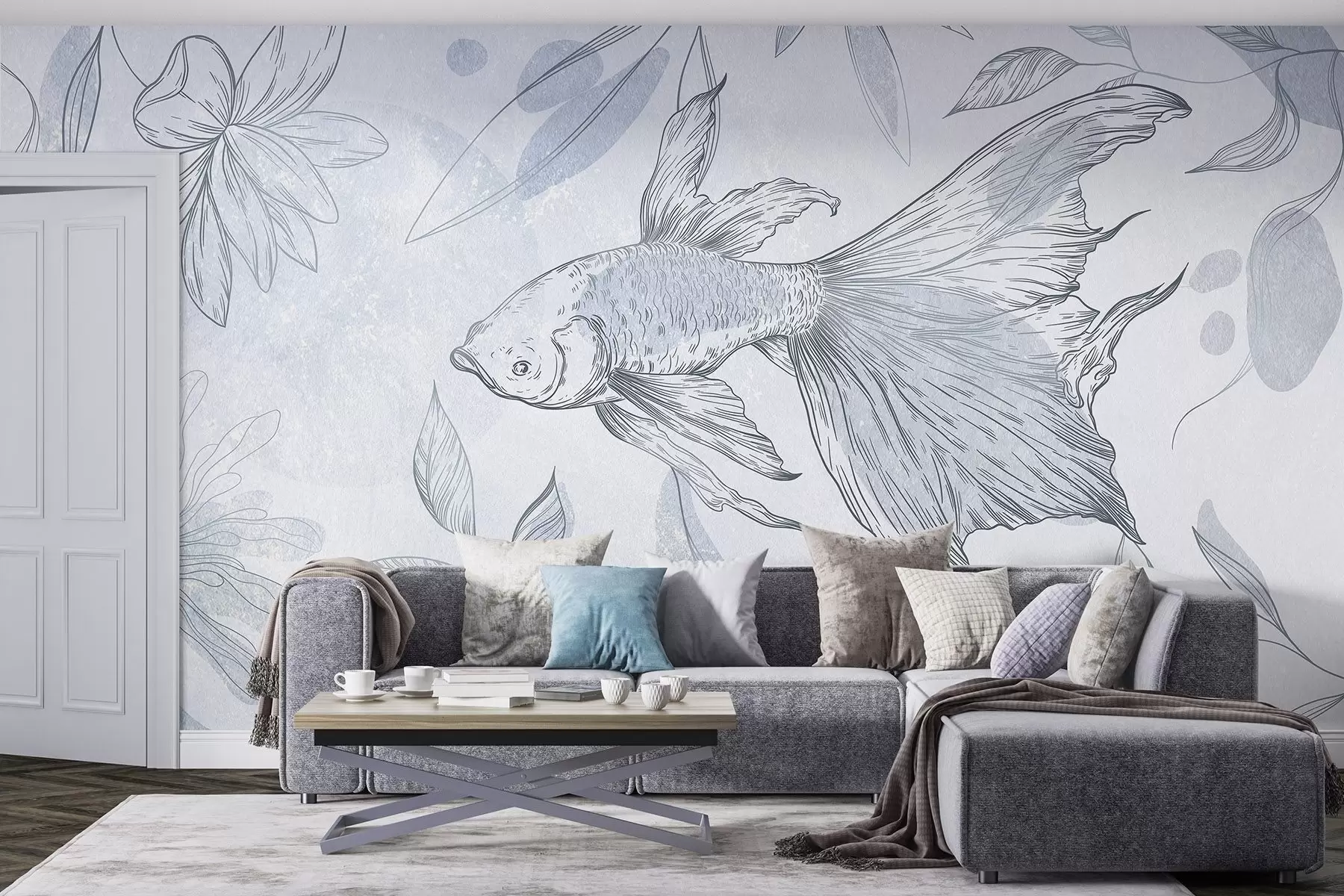 Fototapet Ryba s květinovými prvky, modré pozadí, liniová kresba w03517v2