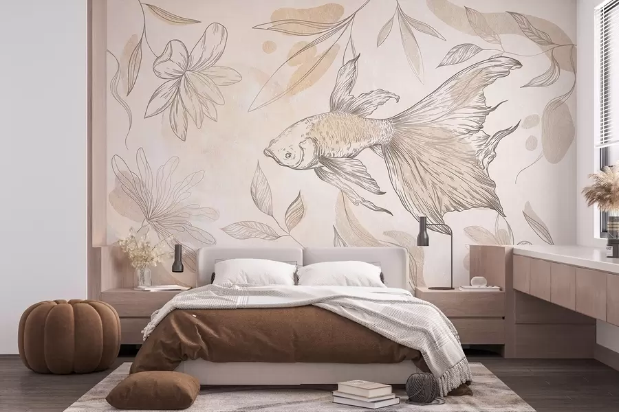 Fototapet Ryba s květinovými prvky, béžové pozadí, liniová kresba w03517