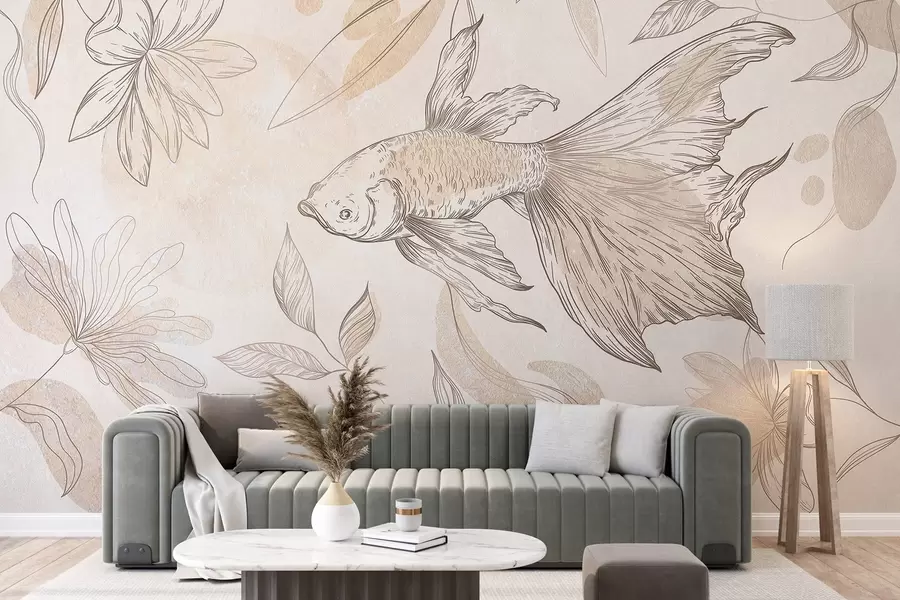 Fototapet Ryba s květinovými prvky, béžové pozadí, liniová kresba w03517