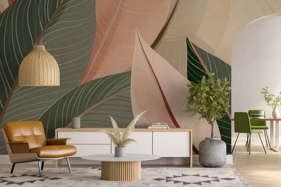 Fototapet Detailní záběr na listy v olivově zelené a růžovo-krémové barvě w08944