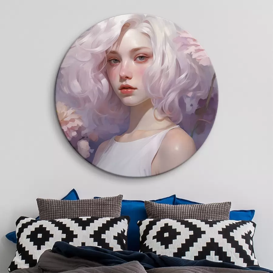 Obraz Krásná dívka v květinách, akrylová kresba, Japonsko, fialové barvy Č. r43495