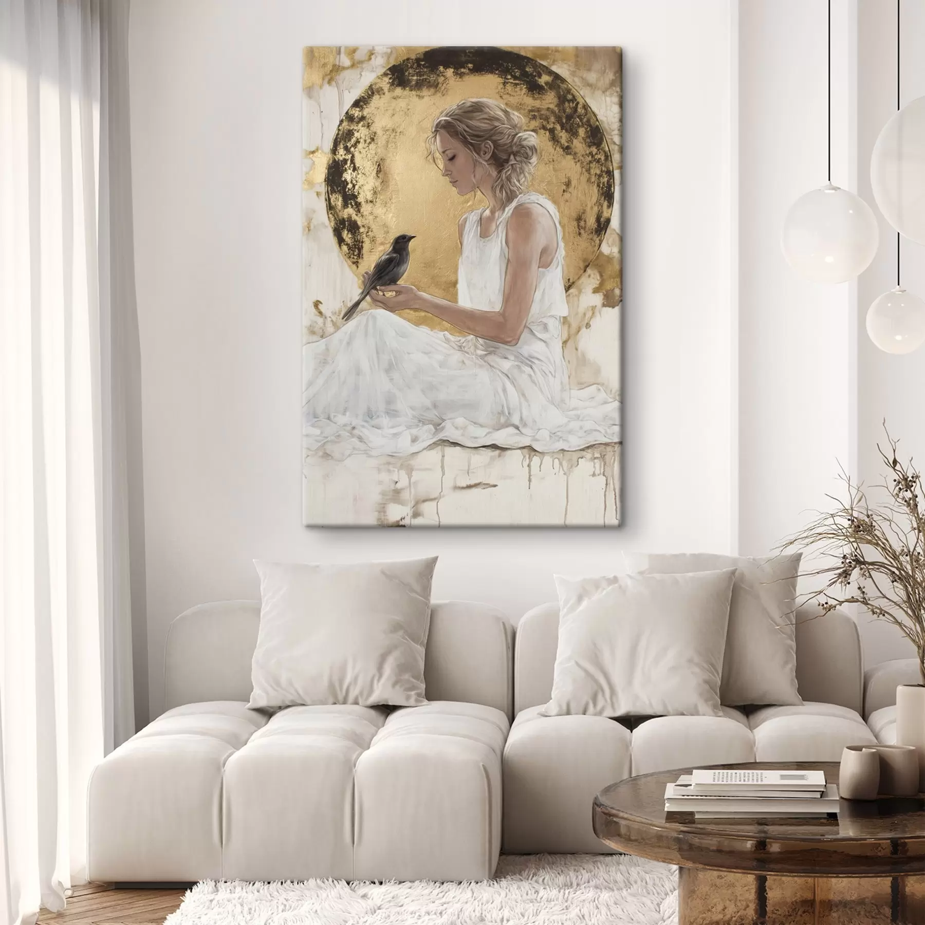 Obraz Krásná žena s ptákem, Řecko, kresba akrylem Č. s43503