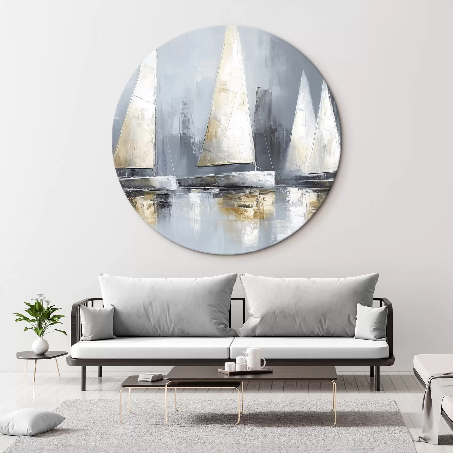 Obraz Plachetnice s odrazy ve vodě, olejová kresba, šedé barvy Č. r43506