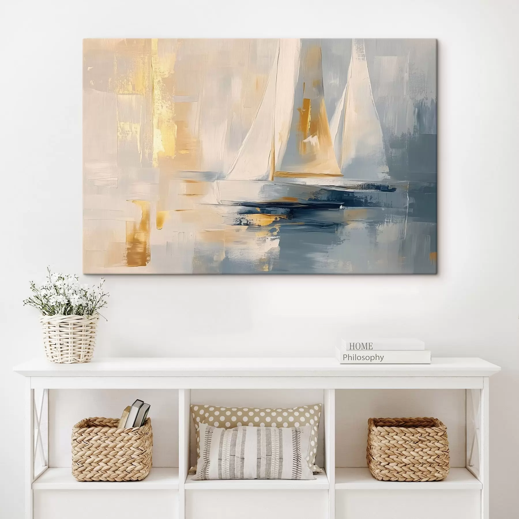 Obraz Abstrakce s plachetnicemi na moři, akryl, západ slunce Č. s43500