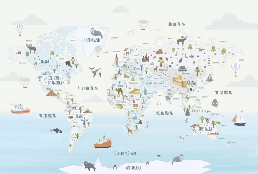 Fototapet Mapa světa se zvířaty a pamětihodnostmi w03410