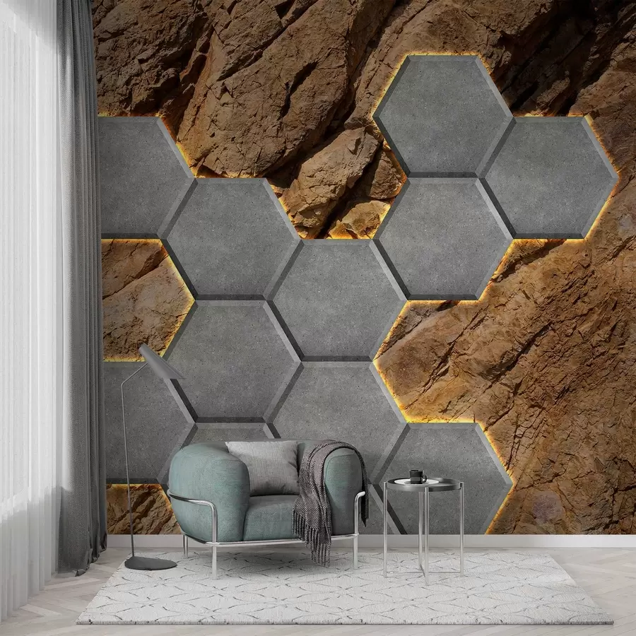 Fototapet imitace betonových ohňů na pozadí skály w03456