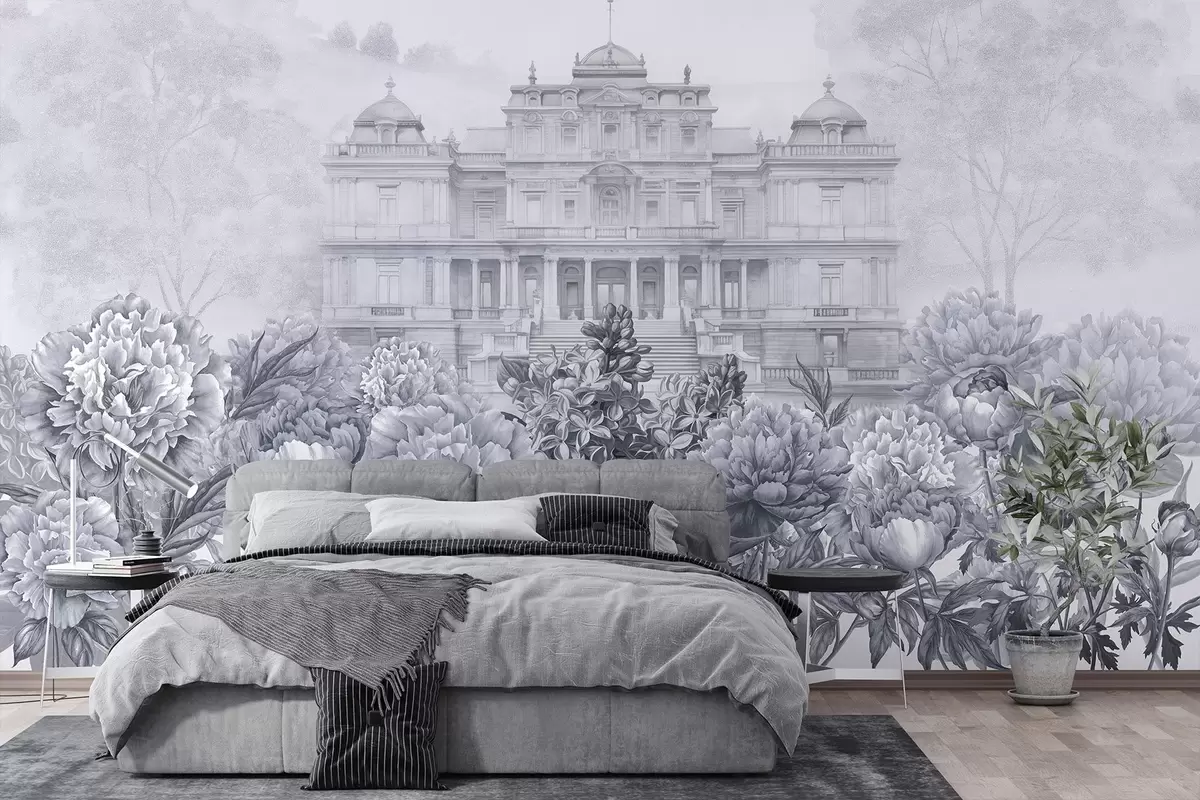 Fototapet Královský palác s pivoňkovou zahradou, akvarelový styl, příroda, modré barvy, boho w03552v1