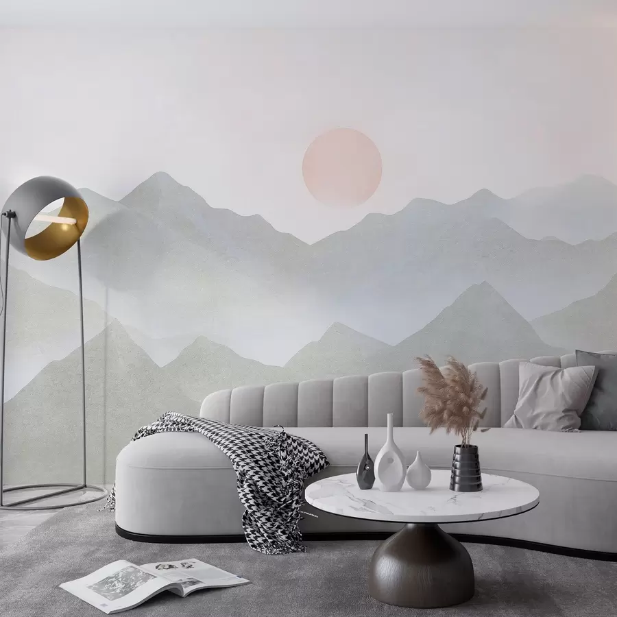 Fototapet Boho styl hory krajina, západ slunce, měkké pastelové, šedé w03547v1
