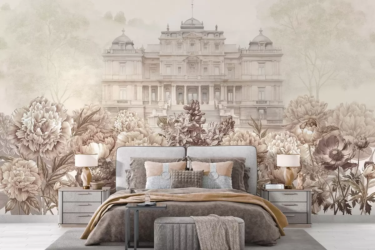 Fototapet Královský palác s pivoňkovou zahradou, akvarelový styl, příroda, béžové barvy, boho w03552