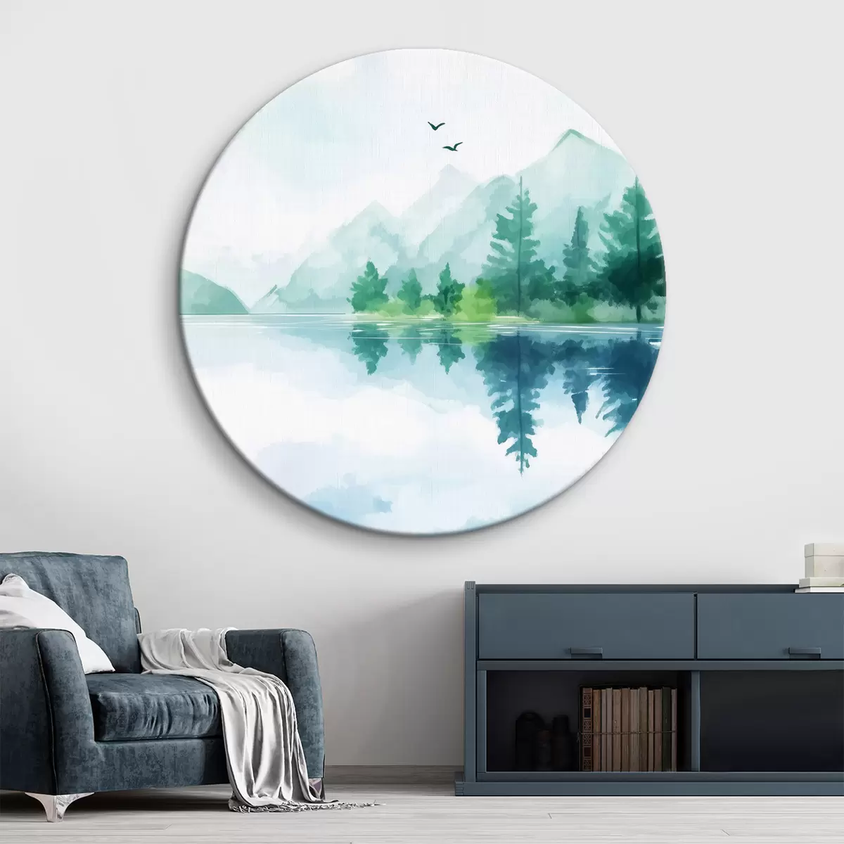Kulaté obrazy Jezero u hory ve stylu akvarelu r43922