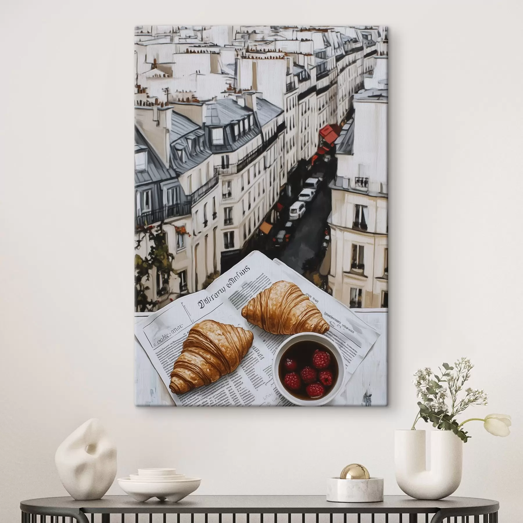 Obraz Ranní káva s croissanty, městská ulice, architektonický, olejový styl Č. s43891