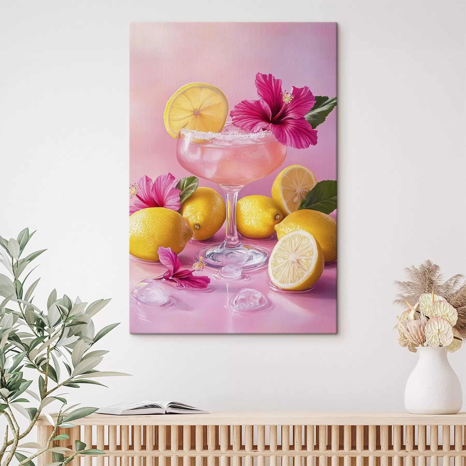 Obraz Letní koktejl s květinami a citrony, růžové barvy, akvarelový styl Č. s43895