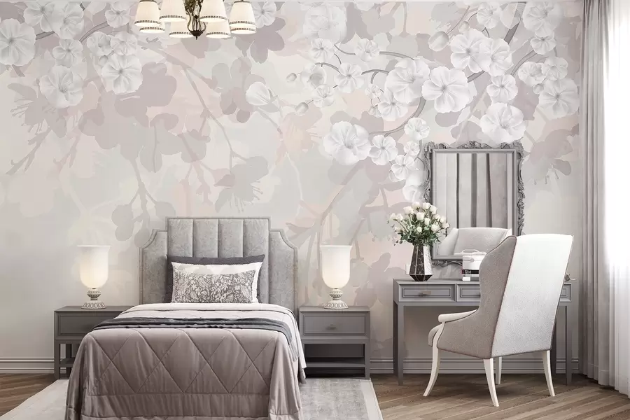 Fototapet Větve třešňových květů s bílými květy a šedými listy na elegantních květinových siluetách v jemných pastelových barvách w08973v1