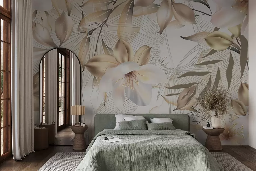 Fototapet Jasmínové květy a listy, jemné barvy, botanická ilustrace, květinové pozadí , elegantní design, jemné okvětní lístky w08977
