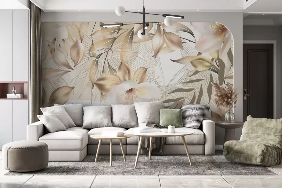 Fototapet Jasmínové květy a listy, jemné barvy, botanická ilustrace, květinové pozadí , elegantní design, jemné okvětní lístky w08977
