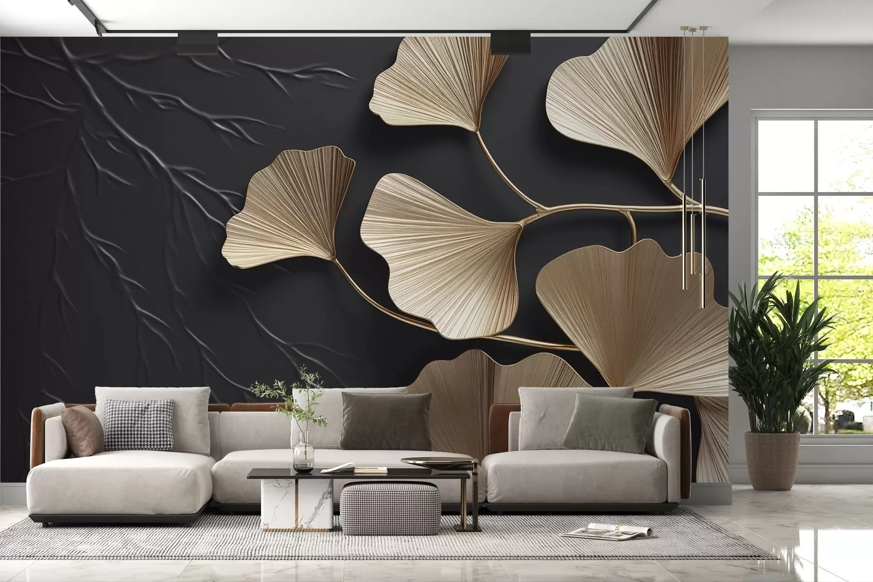 Fototapet Objemová zeleň na tmavé stěně w03650v1