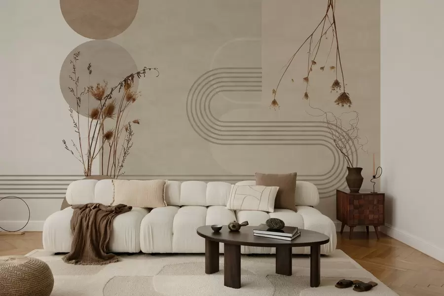 Fototapet stylová geometrie a sušené květiny v béžových tónech w03449