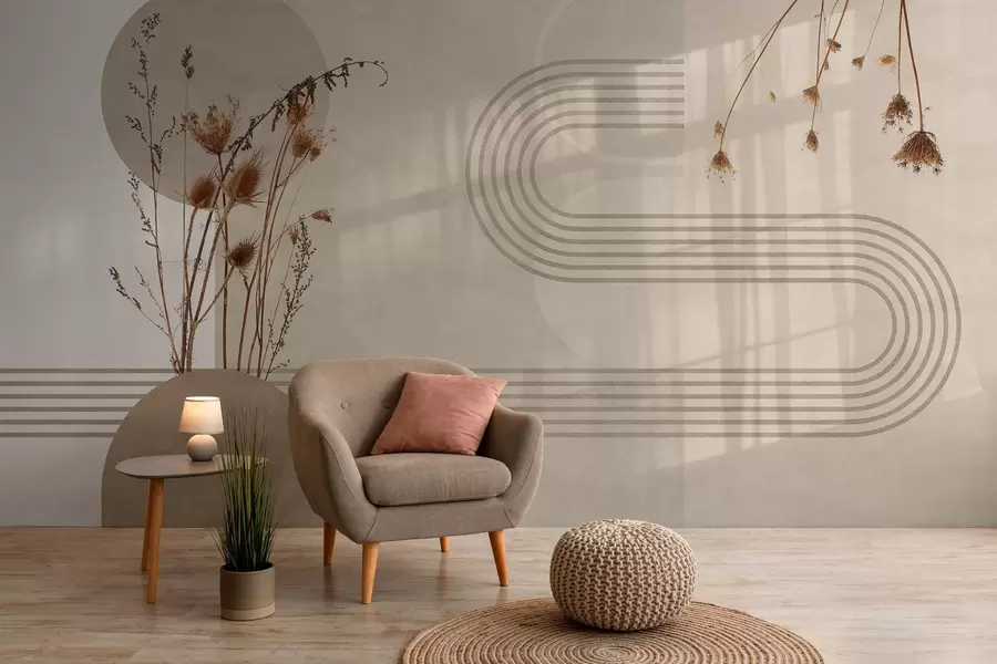 Fototapet stylová geometrie a sušené květiny v béžových tónech w03449