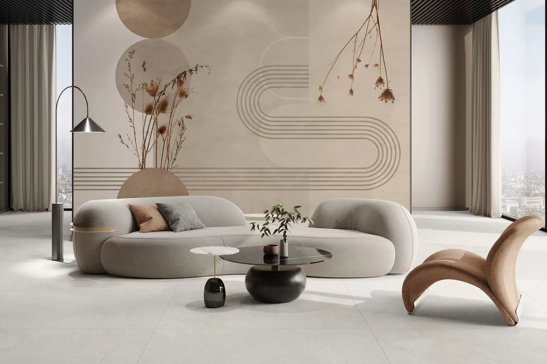 Fototapet stylová geometrie a sušené květiny v béžových tónech w03449