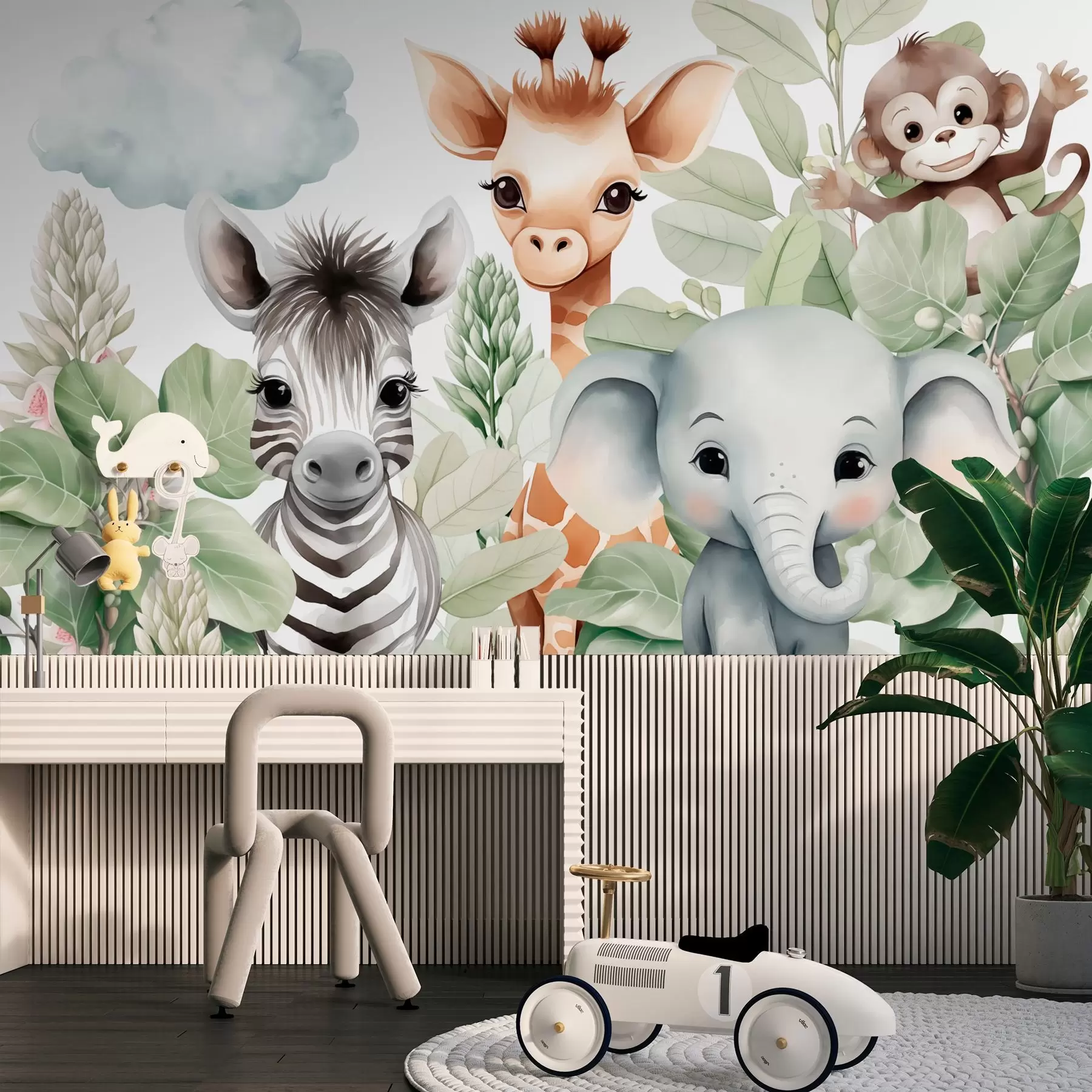 Fototapet Žirafa, zebra, slon a opice mezi listím w03677