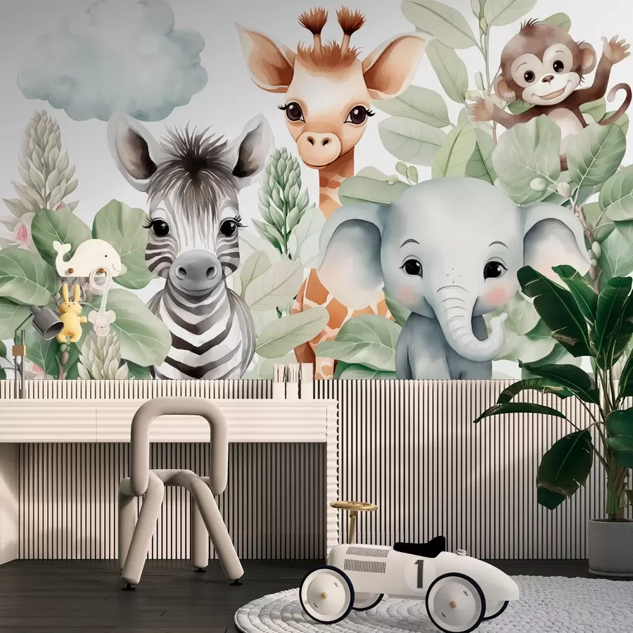 Fototapet Žirafa, zebra, slon a opice mezi listím w03677