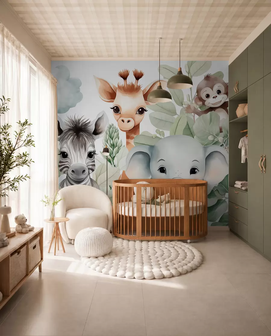 Fototapet Žirafa, zebra, slon a opice mezi listím w03677